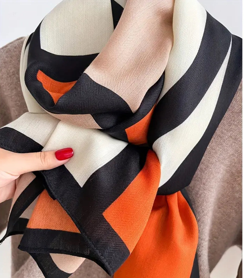 Écharpe géométrique moderne noire, beige et orange