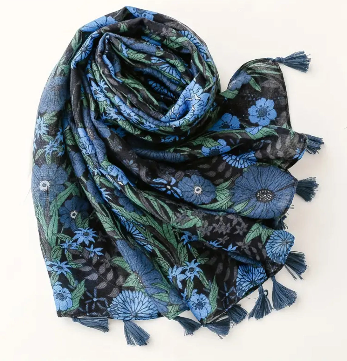 Écharpe légère à fleurs bleues et noires