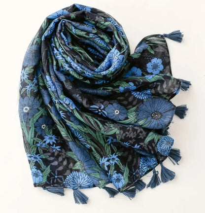 Lightweight Blu and black floral scarf