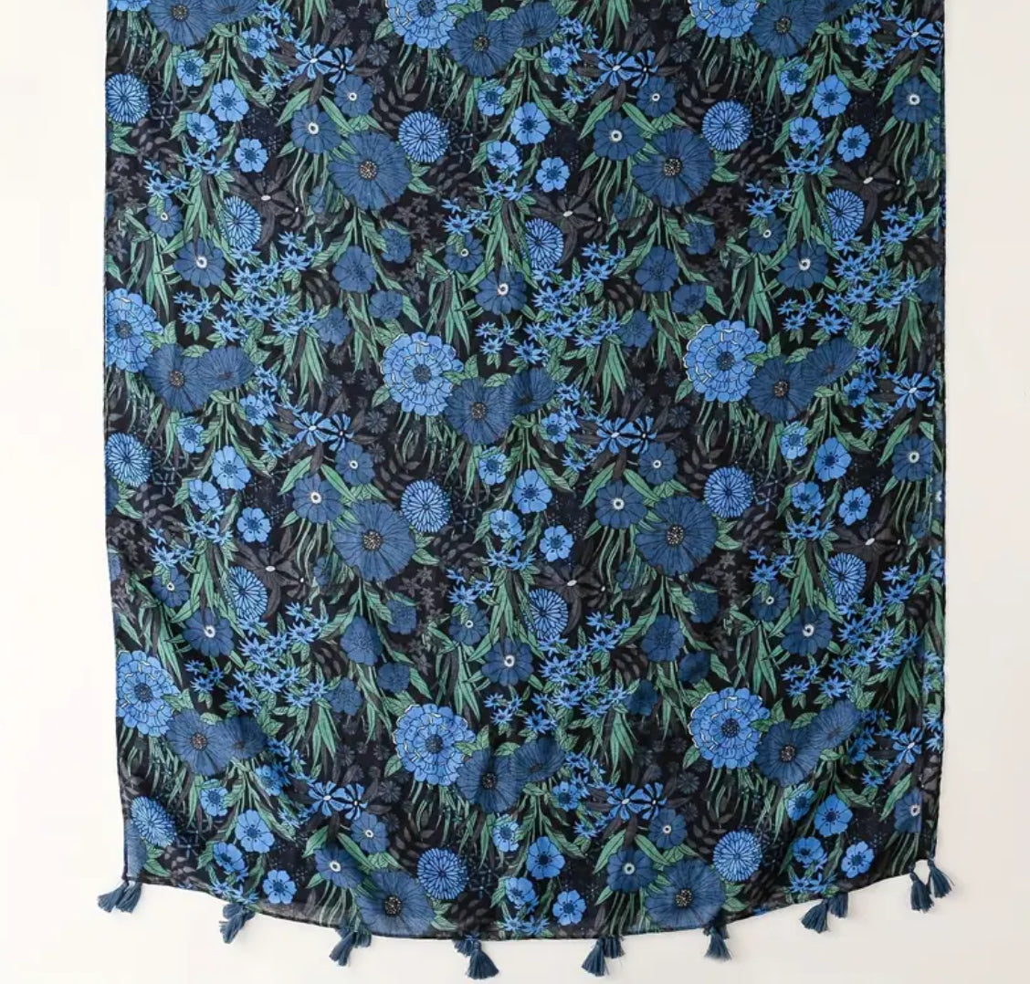 Écharpe légère à fleurs bleues et noires