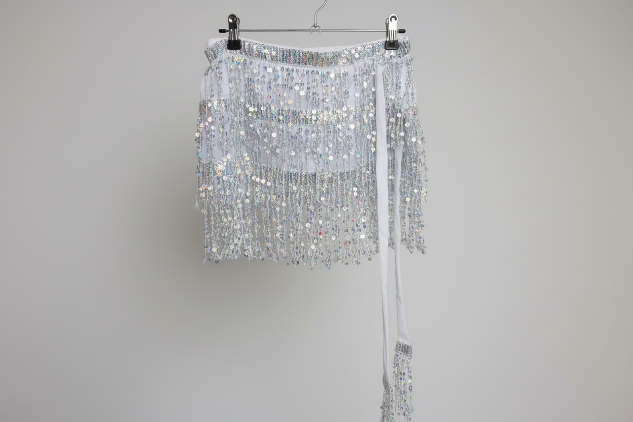Silver Sequin Fringe Hip Scarf & Belly Dancing Skirt