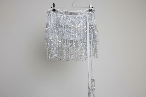 Silver Sequin Fringe Hip Scarf & Belly Dancing Skirt