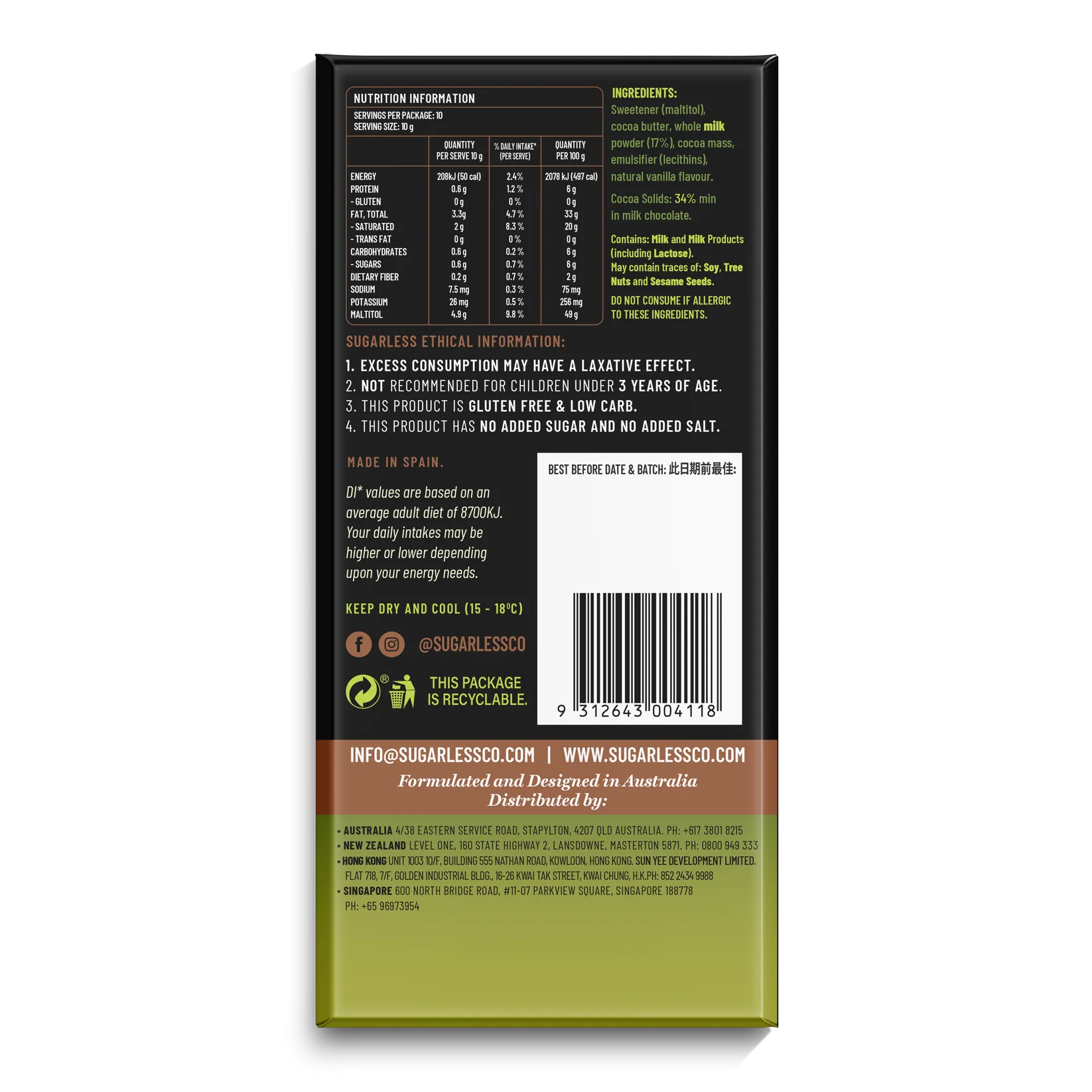 SugarLess Smooth Milk Chocolate - 100g