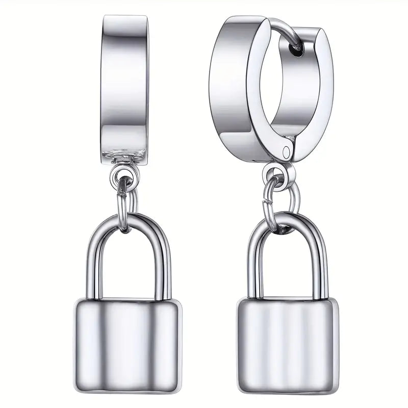 Stainless Steel Lock Pendant Earrings