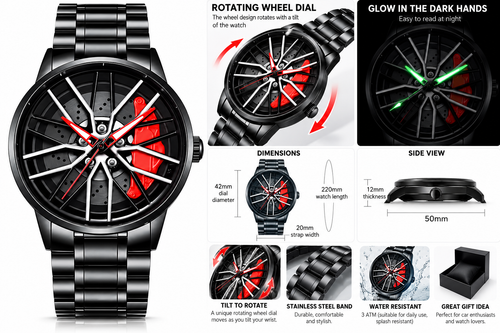 Rotating wheel watch features and dimensions