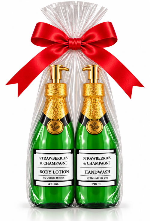 Strawberries & Champagne 390 mL body lotion and handwash gift set with fitted clear cellophane and red satin bow