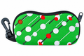 Green patterned zip-up glasses case with black carabiner clip on white background