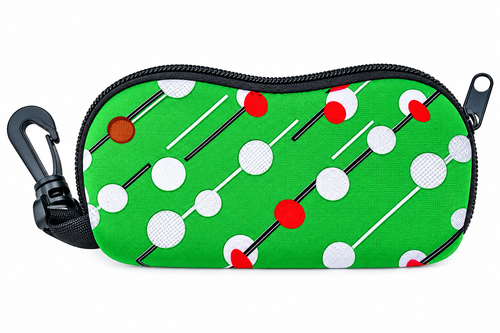 Green patterned zip-up glasses case with black carabiner clip on white background