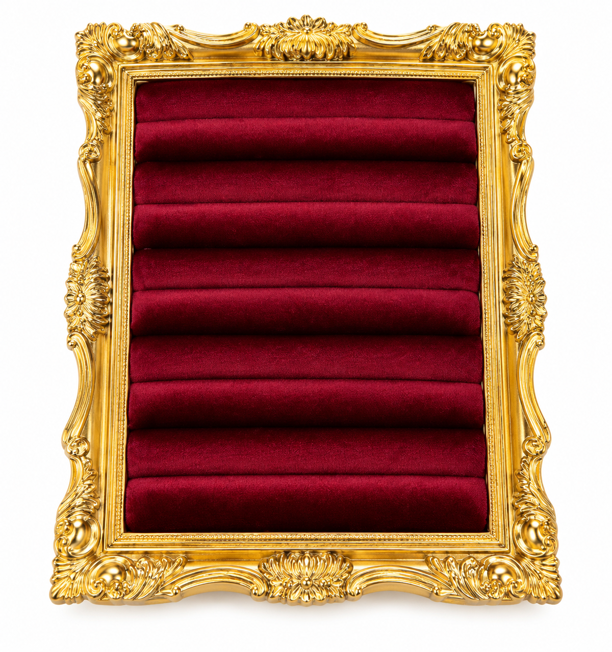 Ornate gold resin frame and burgundy velvet ring display on white background