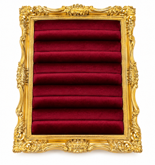 Ornate gold resin frame and burgundy velvet ring display on white background