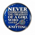 Blue round knitting quote enamel pin on white background