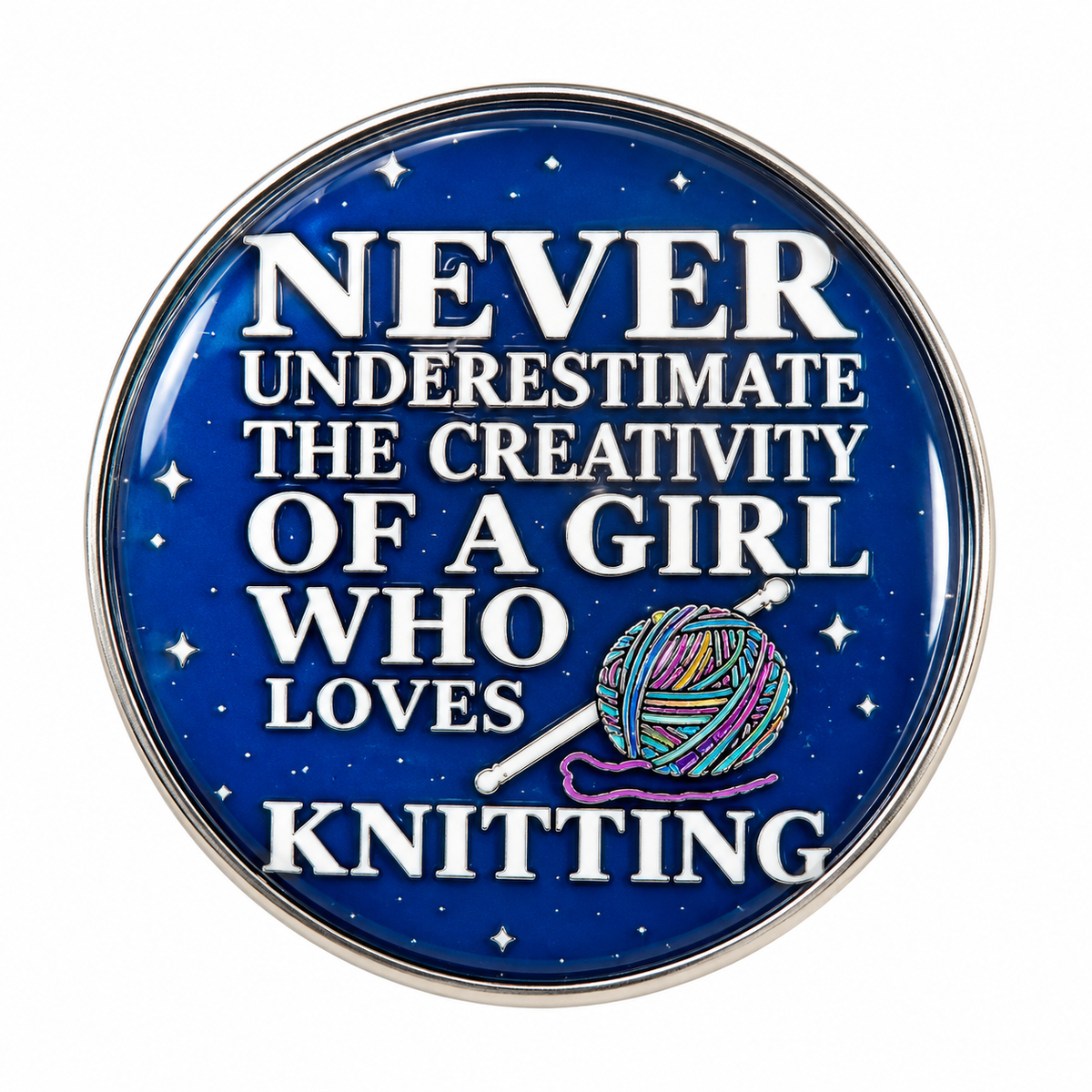Blue round knitting quote enamel pin on white background
