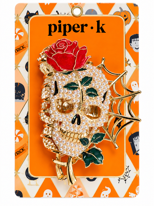 Piper K skull red rose metal claw hair clip white background