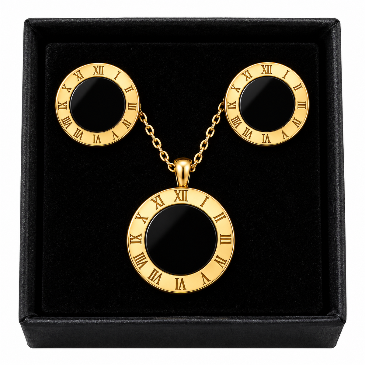 Gold plated Roman numeral necklace and earrings gift set with black centres in black box
