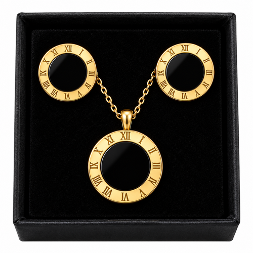 Gold plated Roman numeral necklace and earrings gift set with black centres in black box