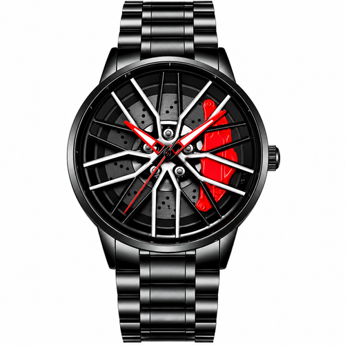 Rotating wheel watch black stainless steel on white background