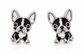 Pair of black and white French Bulldog stud earrings in white gold-plated finish