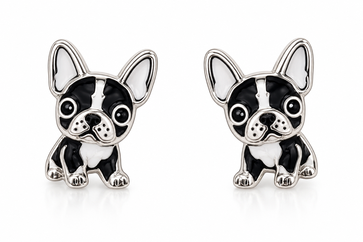 Pair of black and white French Bulldog stud earrings in white gold-plated finish