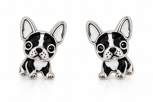 Pair of black and white French Bulldog stud earrings in white gold-plated finish