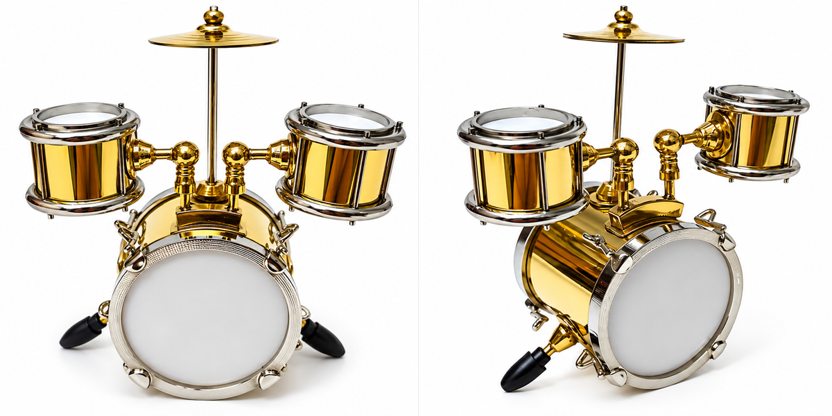 Optimised miniature gold and silver drum set on white background, front and angled views