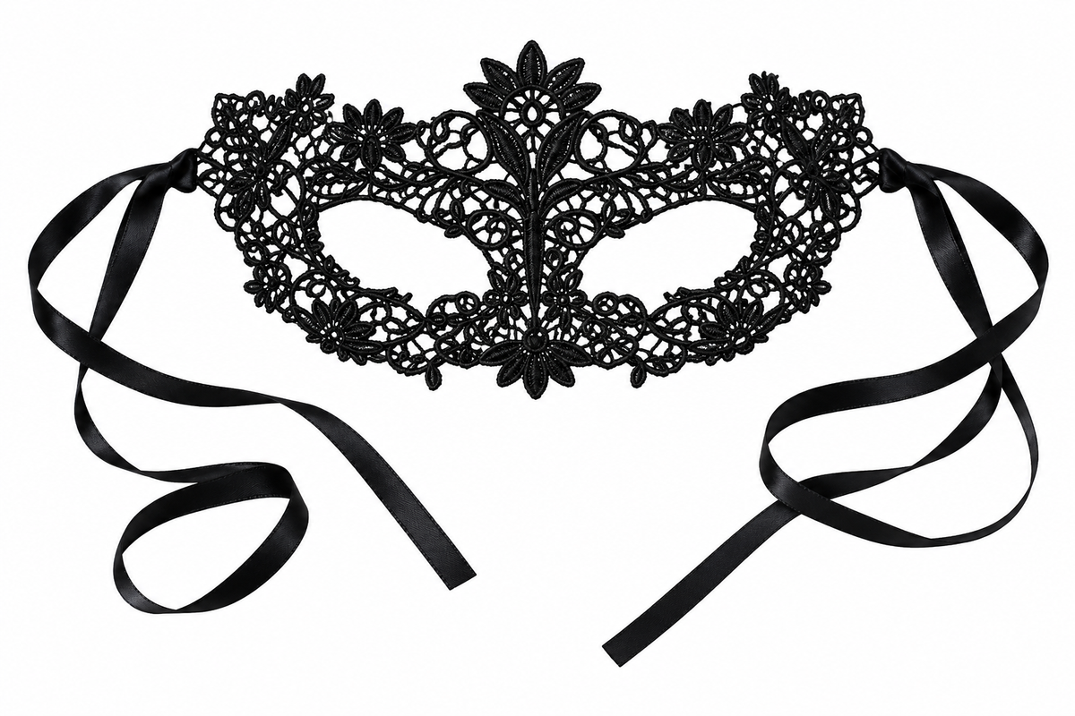 Black floral lace masquerade mask with satin ties