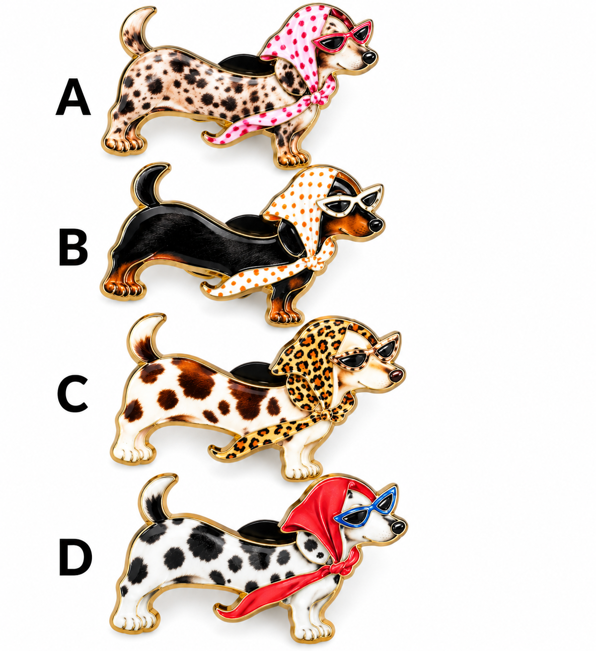 Dachshund brooch pin designs A B C D