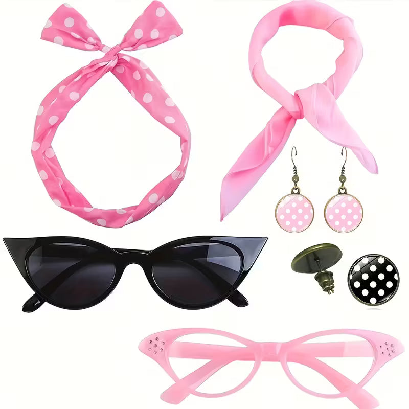 New 1950s Pink Polka Dot Costume Accessories Set