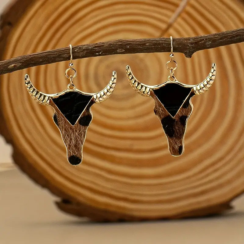 Boucles d'oreilles pendantes tête de taureau western – Noir et beige