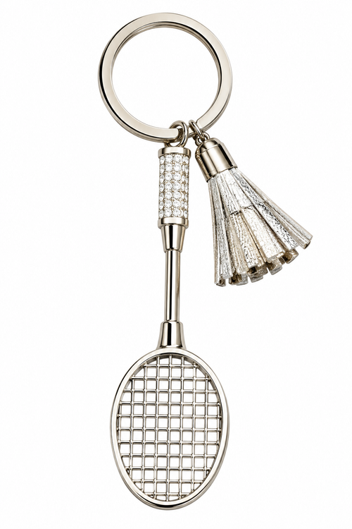 Silver-tone badminton racket and shuttlecock keychain on white background