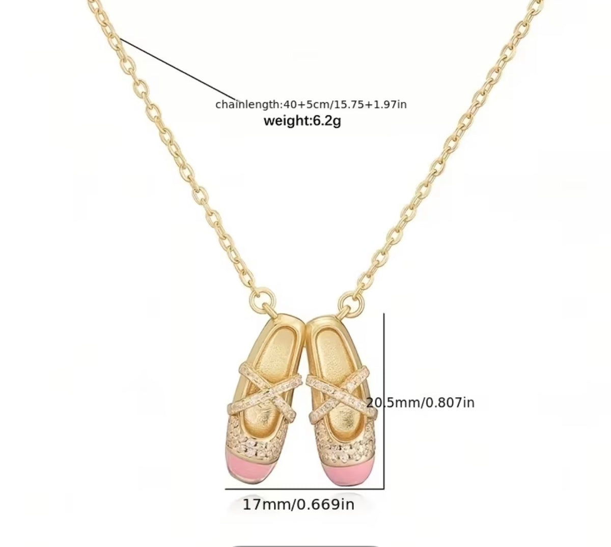 Ballet shoes necklace dimensions and weight