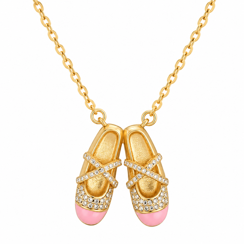 Gold-tone ballet shoes necklace with pink enamel toe caps on white background