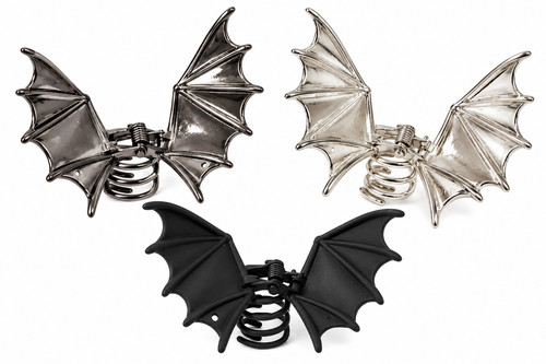 Three bat wing hair claw clips in gunmetal silver and matte black