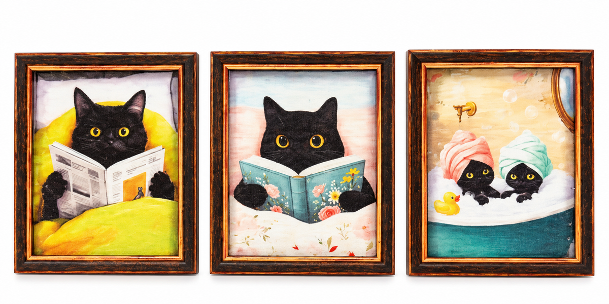 Examples of assorted black cat wooden-framed artwork magnets