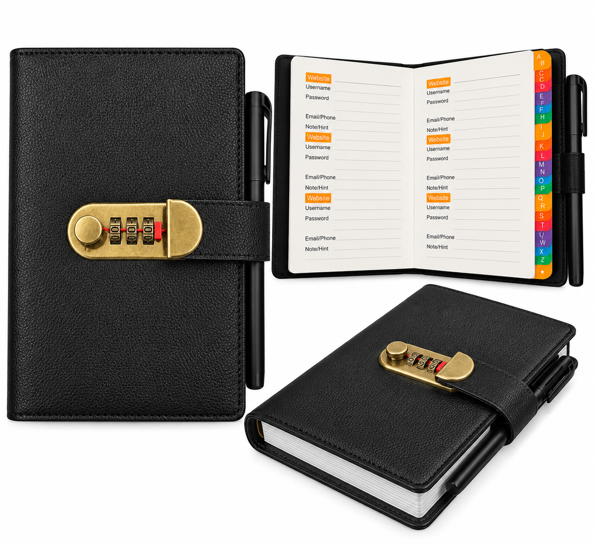 Black password book with combination lock, alphabetical tabs and interior pages