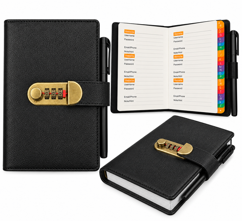 Black password book with combination lock, alphabetical tabs and interior pages