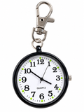 Black metal quartz fob watch with 5 cm face and silver clip on white background