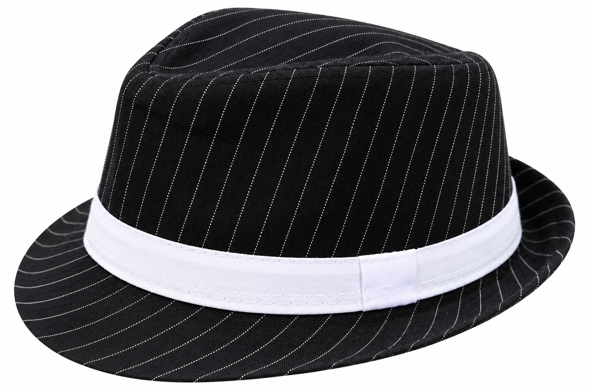Black pinstripe gangster costume fedora hat with white band