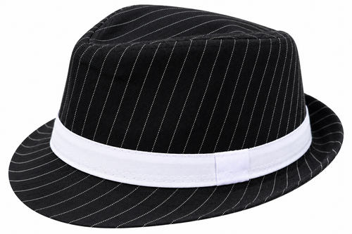 Black pinstripe gangster costume fedora hat with white band