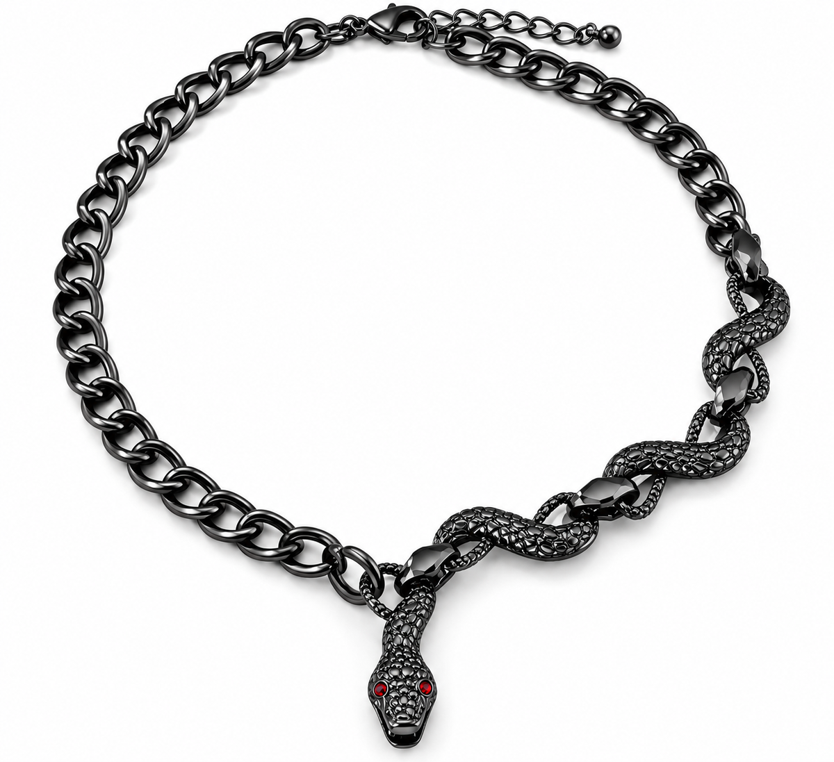 Black tone zinc alloy snake necklace with red eyes