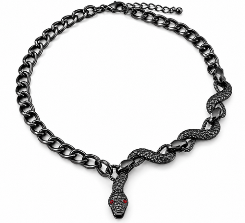 Black tone zinc alloy snake necklace with red eyes