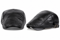 Black vegan leather newsboy cap shown from front and side