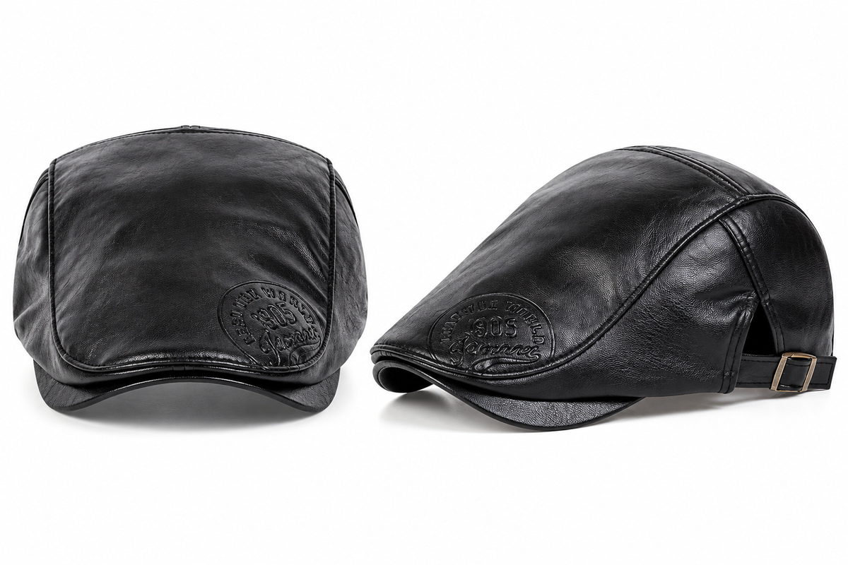 Black vegan leather newsboy cap shown from front and side