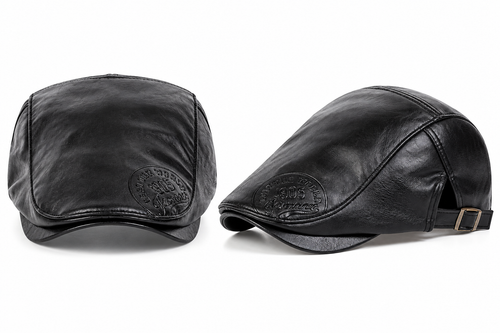 Black vegan leather newsboy cap shown from front and side