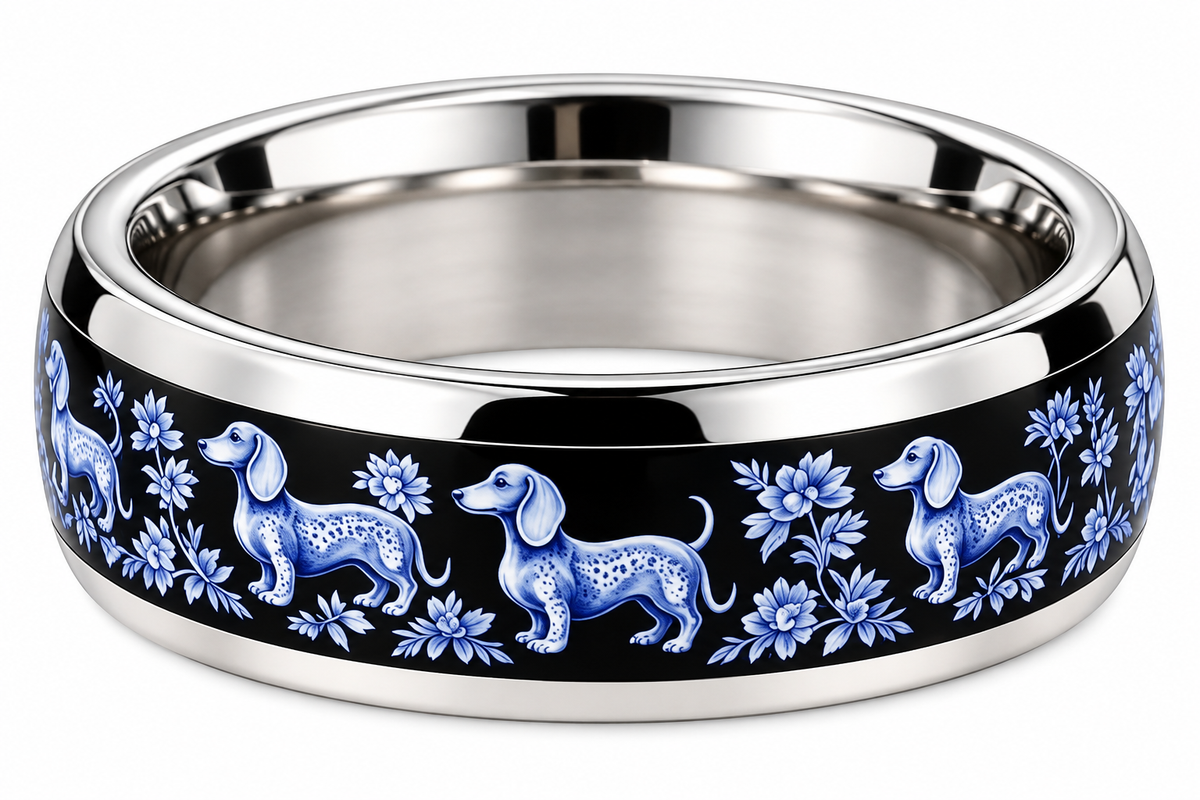 Stainless steel ring with blue Dachshund and floral porcelain-style design