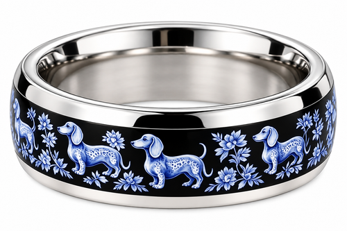 Stainless steel ring with blue Dachshund and floral porcelain-style design
