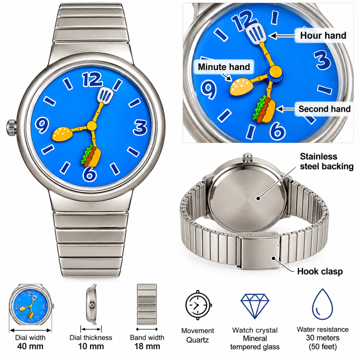 Novelty blue dial food themed quartz wristwatch