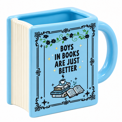Book-shaped blue ceramic mug with Boys in Books Are Just Better quote