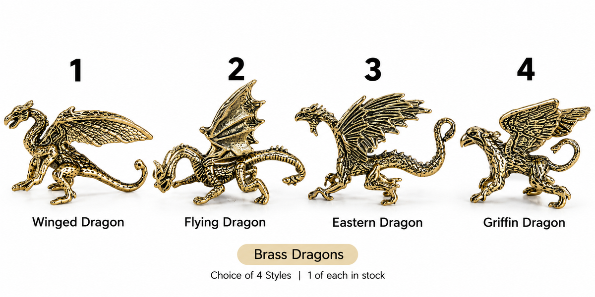 Four numbered real brass dragon figurines