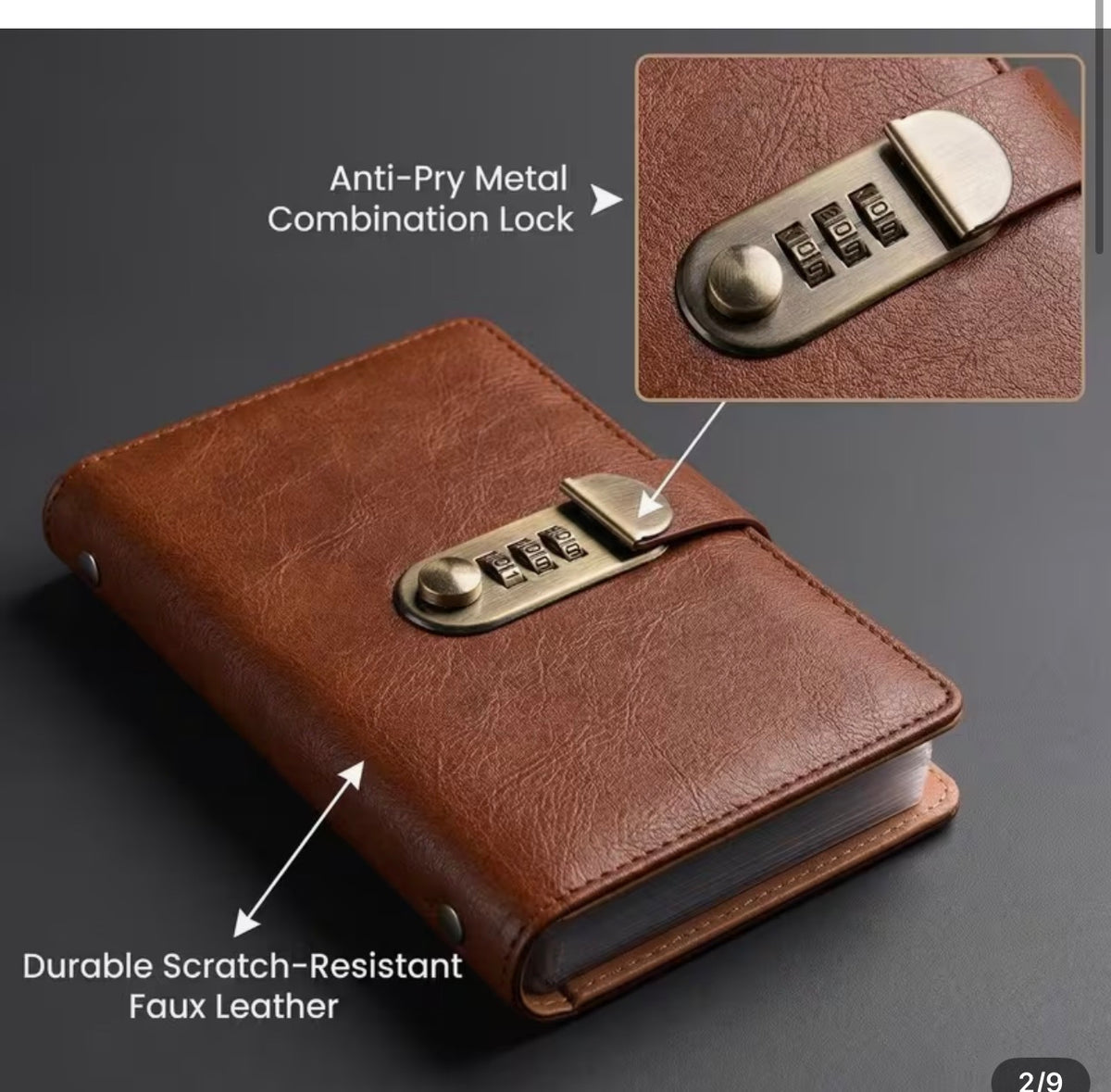 Brown faux leather lockable organiser with three digit combination lock