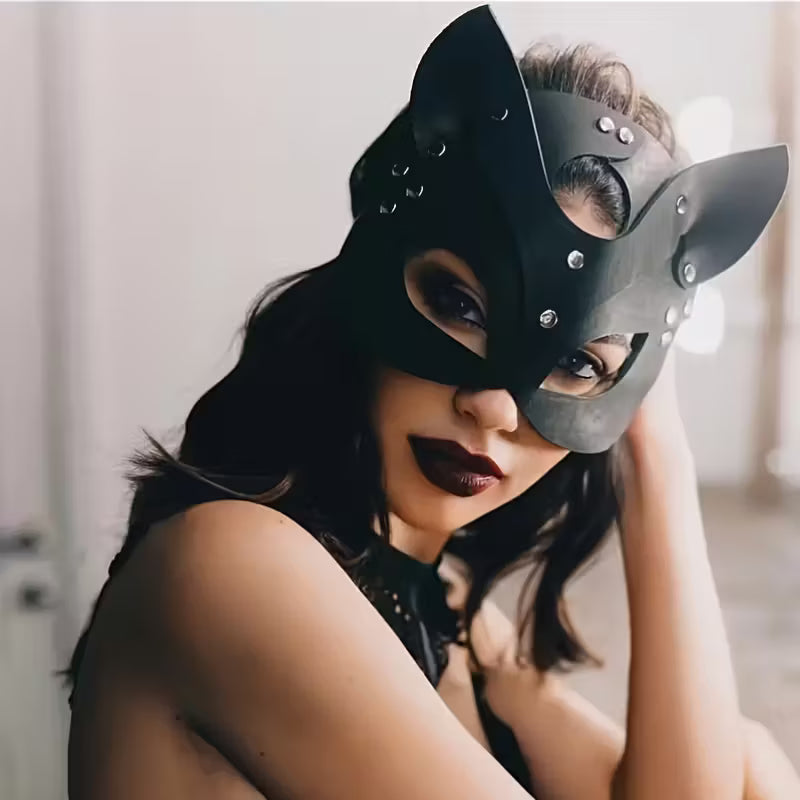 Black Faux Leather Fox Mask with Studs